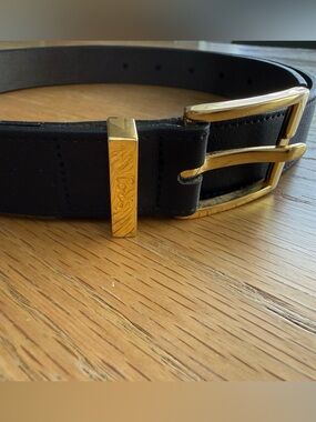 Vintage Italian Black Leather Belt Gold Buckle w Logo Cashmere Cowhide